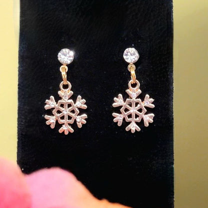 Gold Snowflakes Rhinestone Earring, Festive Holiday Dangle, Christmas Stocking Stuffer