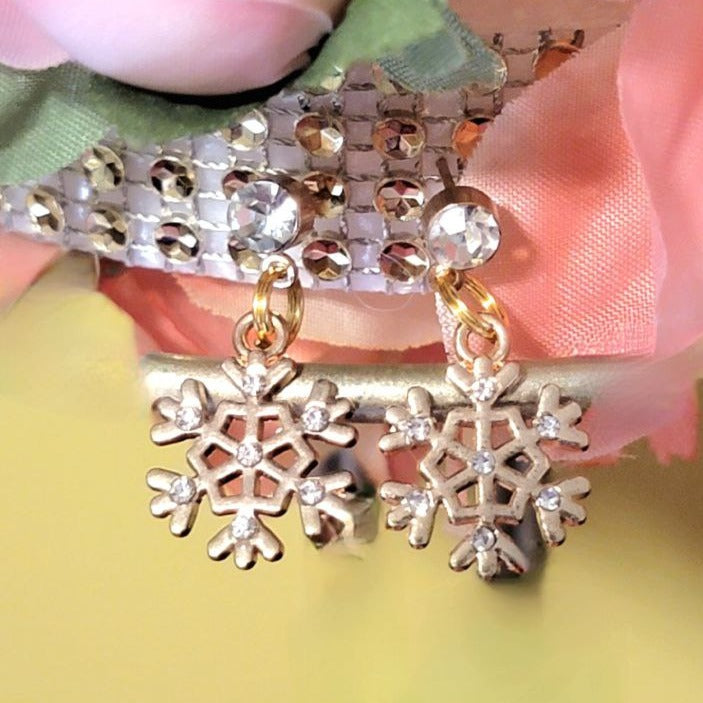 Gold Snowflakes Rhinestone Earring, Festive Holiday Dangle, Christmas Stocking Stuffer