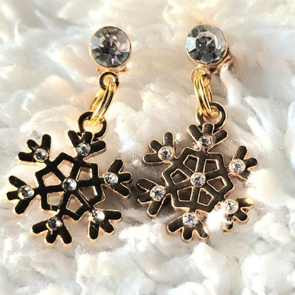 Gold Snowflakes Rhinestone Earring, Festive Holiday Dangle, Christmas Stocking Stuffer