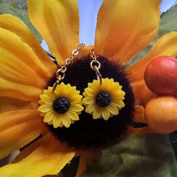 Long Drop Sunflower Earrings, Cheerful & Chic Floral Fall Dangle, Joyful Sparkle w/ Gold Accents, Vibrant Yellow Pendants for a Standout Look