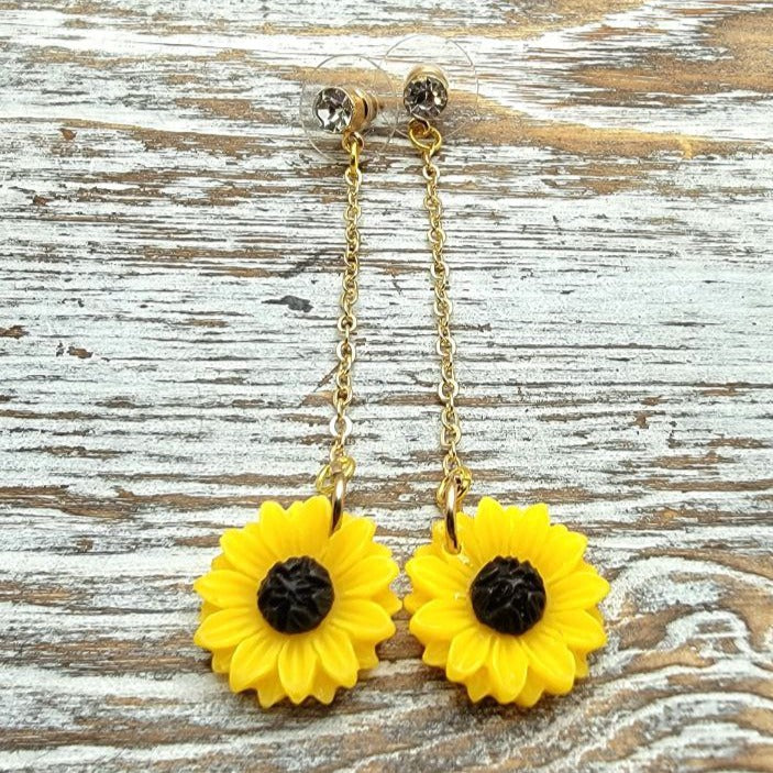 Long Drop Sunflower Earrings, Cheerful & Chic Floral Fall Dangle, Joyful Sparkle w/ Gold Accents, Vibrant Yellow Pendants for a Standout Look