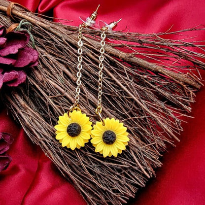 Long Drop Sunflower Earrings, Cheerful & Chic Floral Fall Dangle, Joyful Sparkle w/ Gold Accents, Vibrant Yellow Pendants for a Standout Look