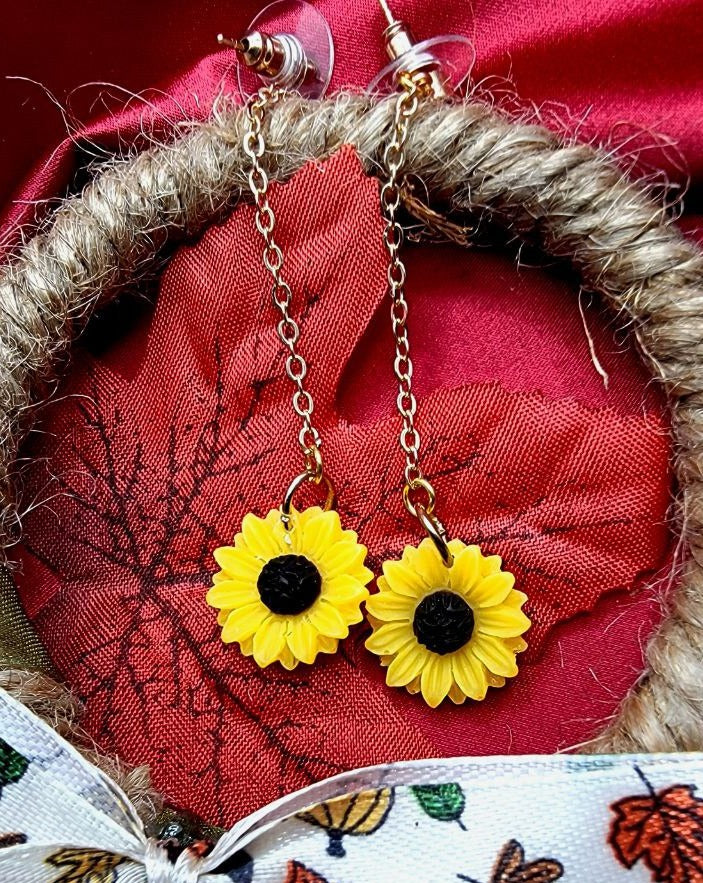 Long Drop Sunflower Earrings, Cheerful & Chic Floral Fall Dangle, Joyful Sparkle w/ Gold Accents, Vibrant Yellow Pendants for a Standout Look