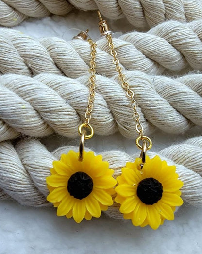 Long Drop Sunflower Earrings, Cheerful & Chic Floral Fall Dangle, Joyful Sparkle w/ Gold Accents, Vibrant Yellow Pendants for a Standout Look