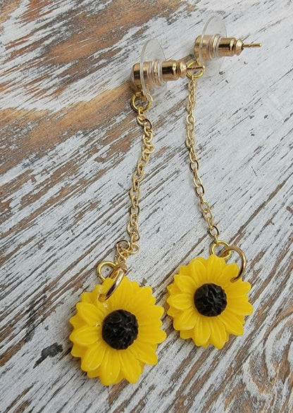 Long Drop Sunflower Earrings, Cheerful & Chic Floral Fall Dangle, Joyful Sparkle w/ Gold Accents, Vibrant Yellow Pendants for a Standout Look