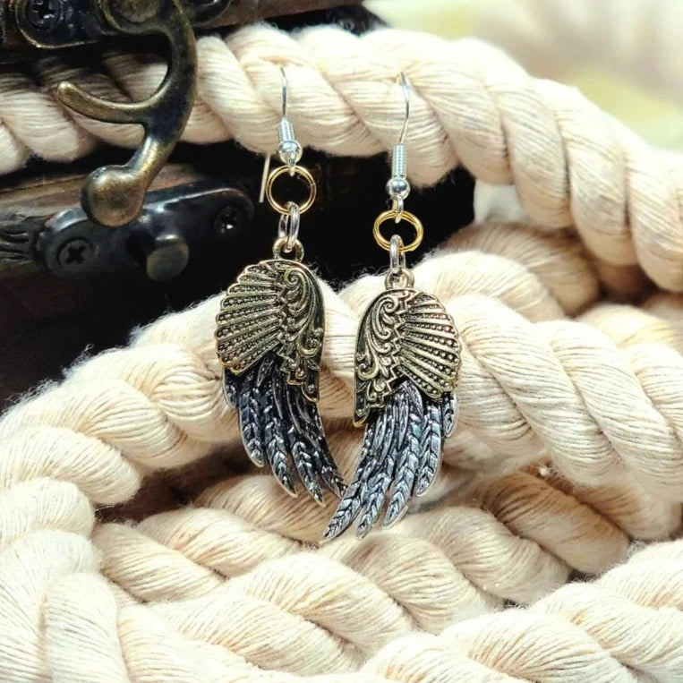 Gold & Silver Angel Wing Earring, Religious Jewelry Dangle, Small Angel Wing Charm