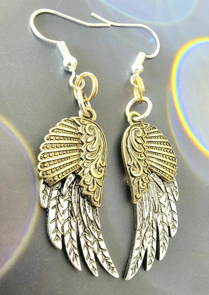 Gold & Silver Angel Wing Earring, Religious Jewelry Dangle, Small Angel Wing Charm