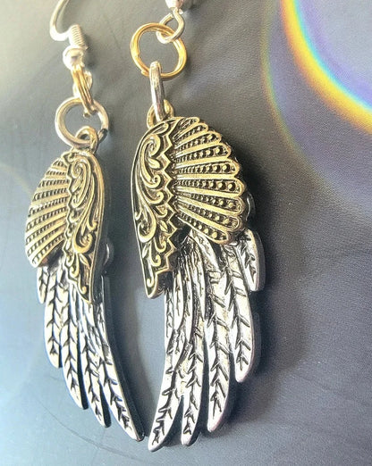 Gold & Silver Angel Wing Earring, Religious Jewelry Dangle, Small Angel Wing Charm