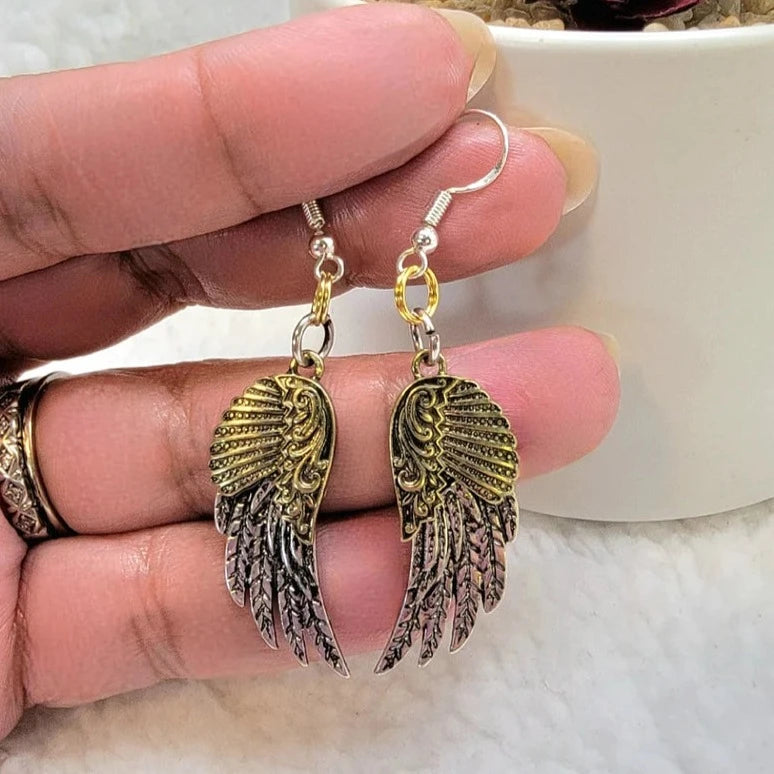 Gold & Silver Angel Wing Earring, Religious Jewelry Dangle, Small Angel Wing Charm