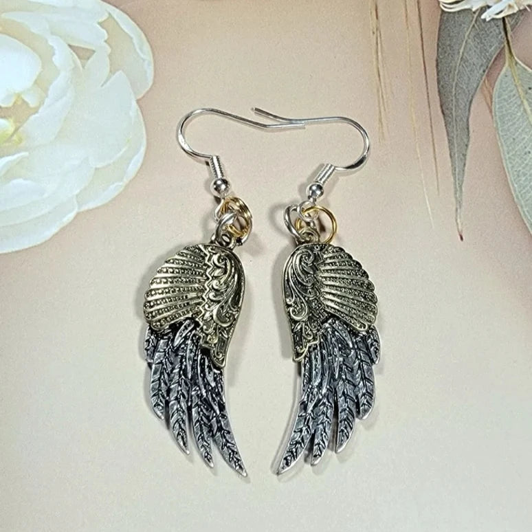 Gold & Silver Angel Wing Earring, Religious Jewelry Dangle, Small Angel Wing Charm