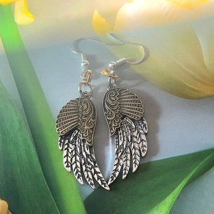 Gold & Silver Angel Wing Earring, Religious Jewelry Dangle, Small Angel Wing Charm