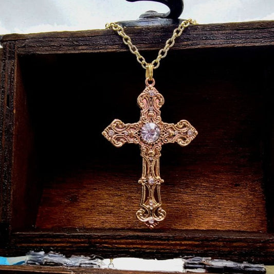 Golden Crucifix Necklace, Ornate Cross Pendant for Men-Women