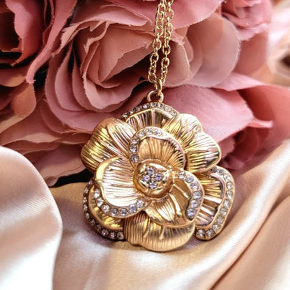 Golden Rose in Full Bloom Necklace, Classic Elegant Jewelry