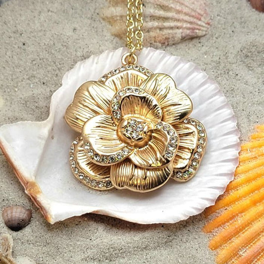 Golden Rose in Full Bloom Necklace, Classic Elegant Jewelry