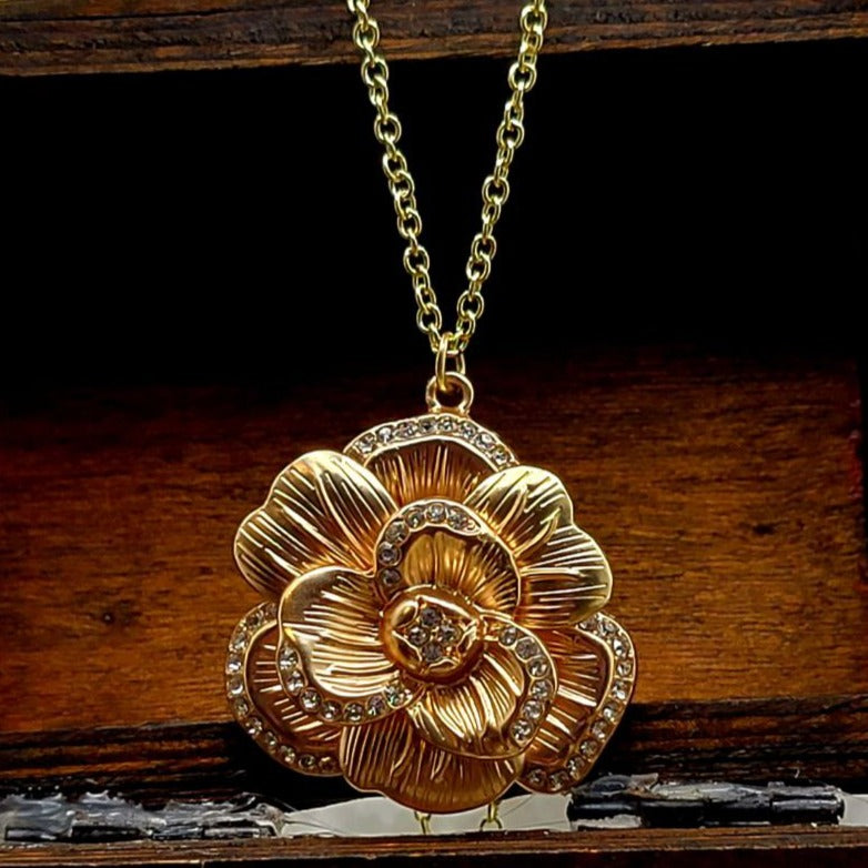 Golden Rose in Full Bloom Necklace, Classic Elegant Jewelry