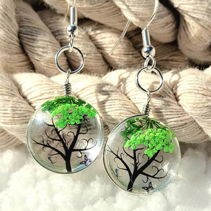 Green Baby's Breath Flower Earrings, Sea Glass Dangles, Tree of Life Flower Drop