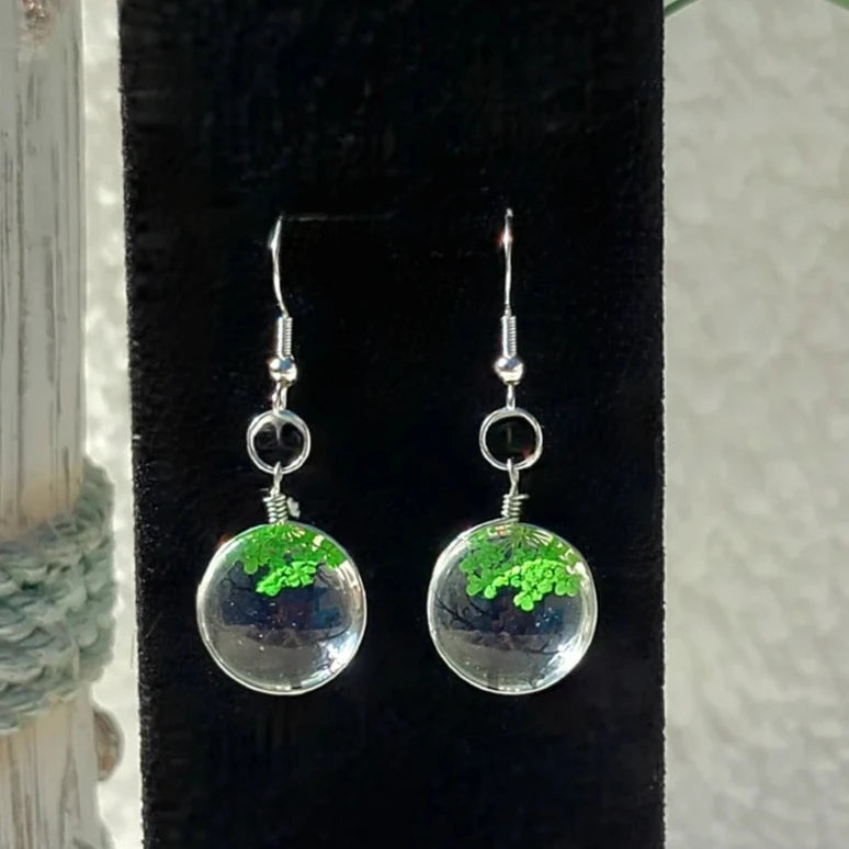 Green Baby's Breath Flower Earrings, Sea Glass Dangles, Tree of Life Flower Drop