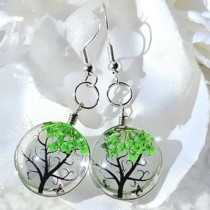 Green Baby's Breath Flower Earrings, Sea Glass Dangles, Tree of Life Flower Drop