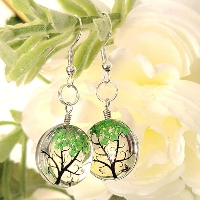 Green Baby's Breath Flower Earrings, Sea Glass Dangles, Tree of Life Flower Drop