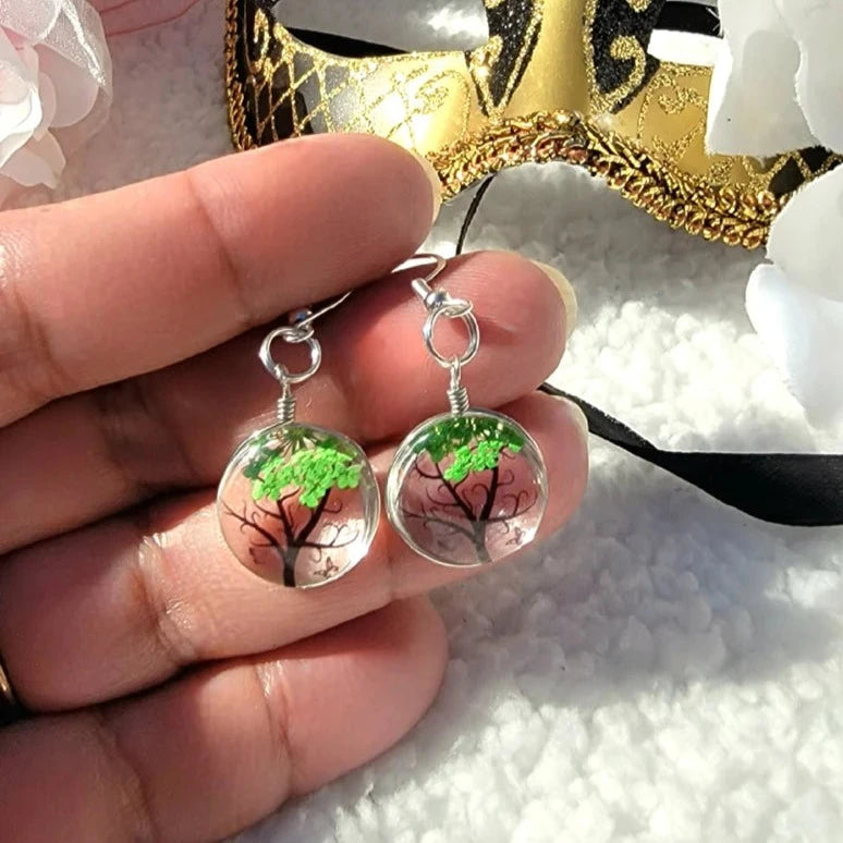 Green Baby's Breath Flower Earrings, Sea Glass Dangles, Tree of Life Flower Drop