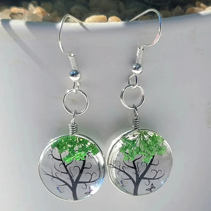 Green Baby's Breath Flower Earrings, Sea Glass Dangles, Tree of Life Flower Drop