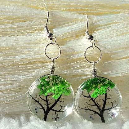 Green Baby's Breath Flower Earrings, Sea Glass Dangles, Tree of Life Flower Drop