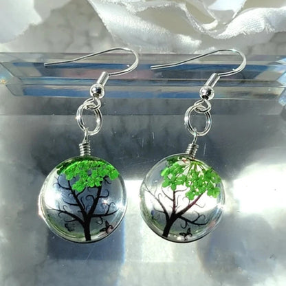 Green Baby's Breath Flower Earrings, Sea Glass Dangles, Tree of Life Flower Drop