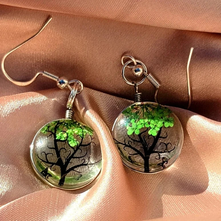 Green Baby's Breath Flower Earrings, Sea Glass Dangles, Tree of Life Flower Drop