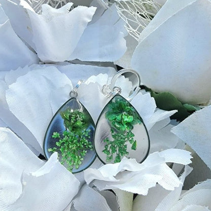 Green Carnation Bud & Baby's Breath Teardrop Earrings, Real Flower Dangle, Botanical Jewelry