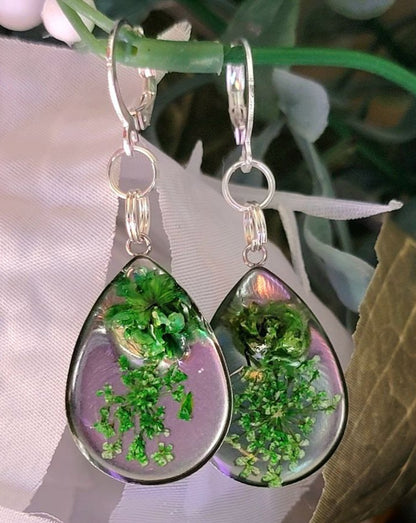 Green Carnation Bud & Baby's Breath Teardrop Earrings, Real Flower Dangle, Botanical Jewelry