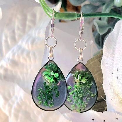 Green Carnation Bud & Baby's Breath Teardrop Earrings, Real Flower Dangle, Botanical Jewelry