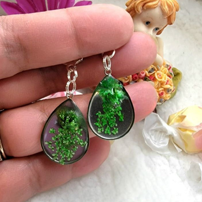 Green Carnation Bud & Baby's Breath Teardrop Earrings, Real Flower Dangle, Botanical Jewelry