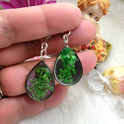 Green Carnation Bud & Baby's Breath Teardrop Earrings, Real Flower Dangle, Botanical Jewelry