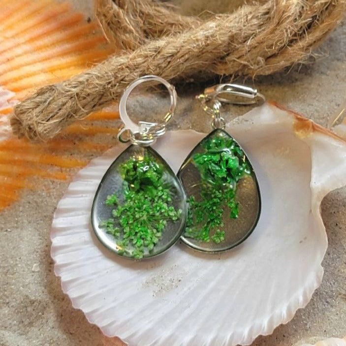 Green Carnation Bud & Baby's Breath Teardrop Earrings, Real Flower Dangle, Botanical Jewelry