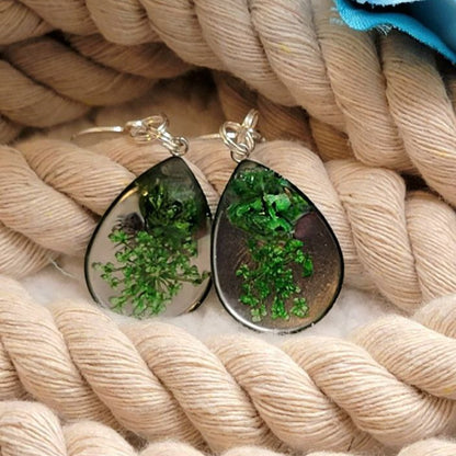 Green Carnation Bud & Baby's Breath Teardrop Earrings, Real Flower Dangle, Botanical Jewelry