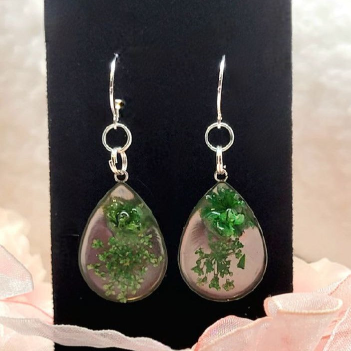 Green Carnation Bud & Baby's Breath Teardrop Earrings, Real Flower Dangle, Botanical Jewelry