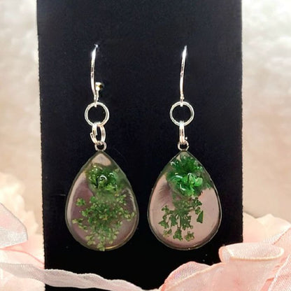 Green Carnation Bud & Baby's Breath Teardrop Earrings, Real Flower Dangle, Botanical Jewelry