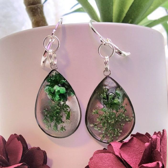 Green Carnation Bud & Baby's Breath Teardrop Earrings, Real Flower Dangle, Botanical Jewelry