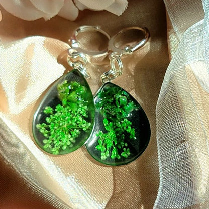 Green Carnation Bud & Baby's Breath Teardrop Earrings, Real Flower Dangle, Botanical Jewelry