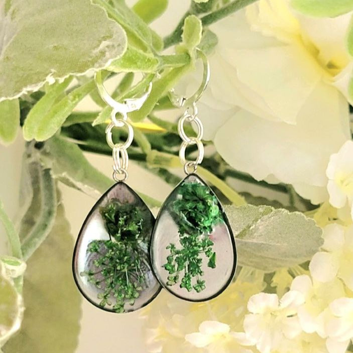 Green Carnation Bud & Baby's Breath Teardrop Earrings, Real Flower Dangle, Botanical Jewelry