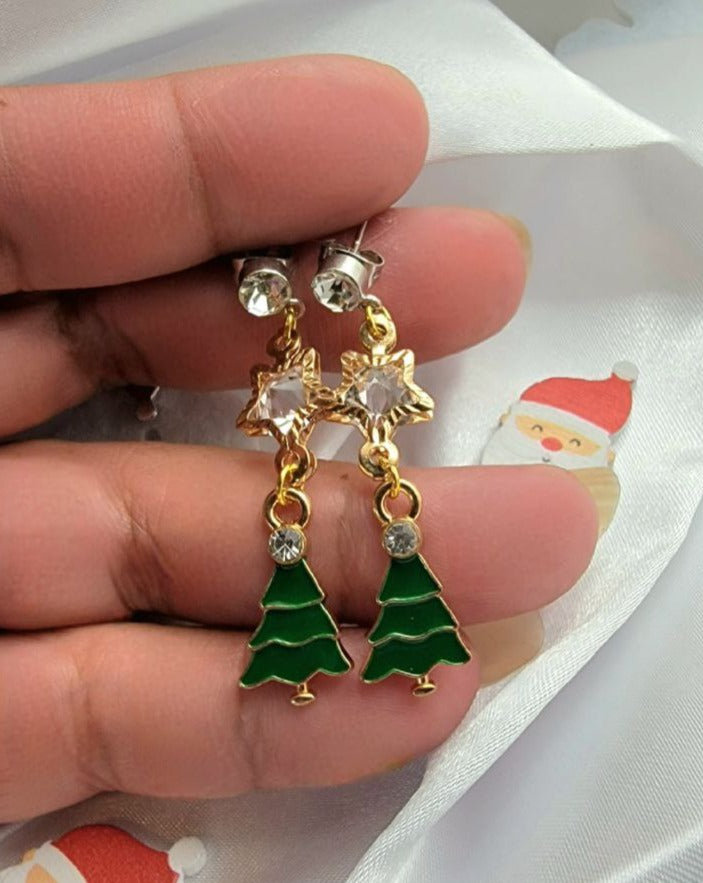 Pendientes navideños coronados de cristal, joyería festiva de árbol verde, accesorio de conjunto navideño hecho a mano, elegante colgante de fiesta