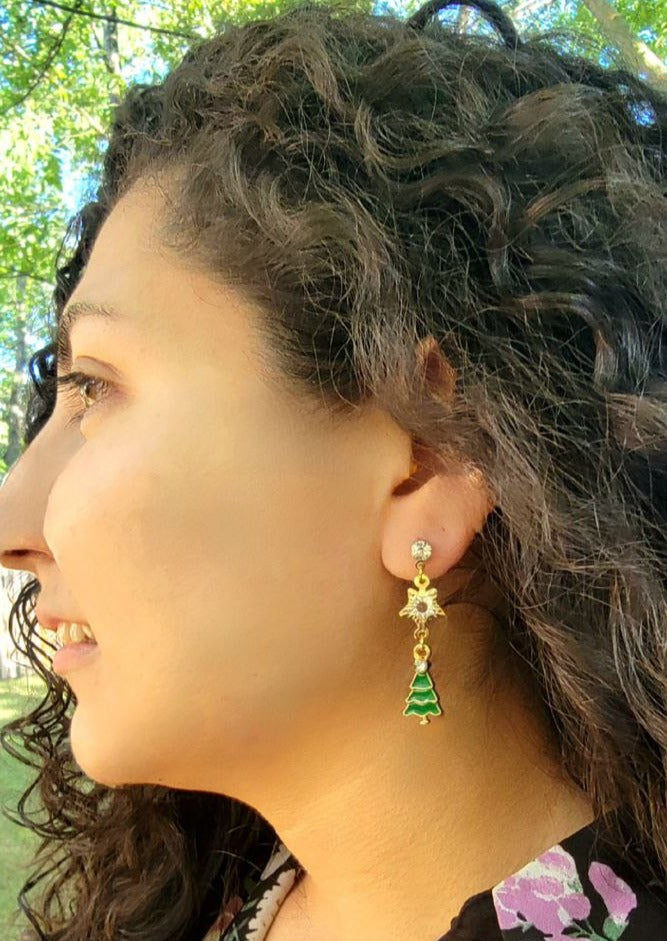 Boucles d’oreilles de Noël couronnées de cristal, bijoux festifs d’arbre vert, accessoire d’ensemble de vacances fabriqué à la main, pendentif de fête élégant