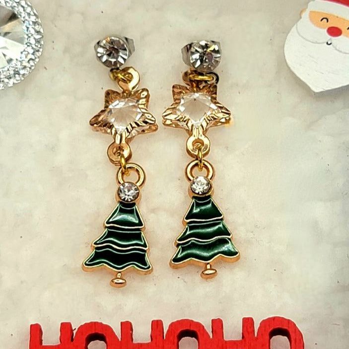 Pendientes navideños coronados de cristal, joyería festiva de árbol verde, accesorio de conjunto navideño hecho a mano, elegante colgante de fiesta