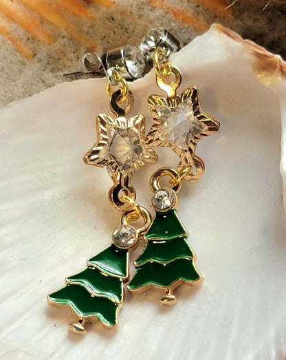 Crystal-Crowned Christmas Tree Earrings, Festive Holiday Dangles