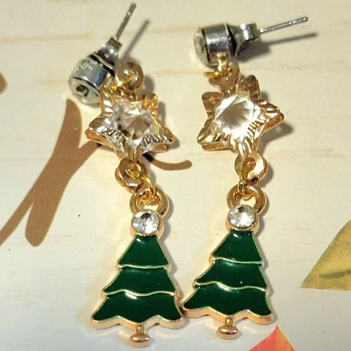 Pendientes navideños coronados de cristal, joyería festiva de árbol verde, accesorio de conjunto navideño hecho a mano, elegante colgante de fiesta