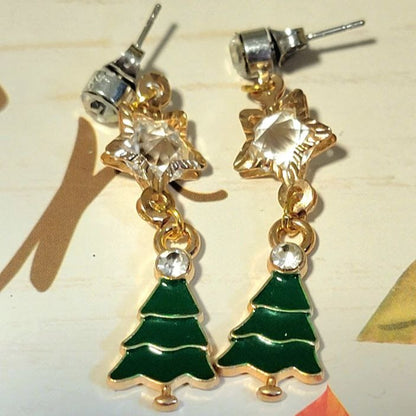 Boucles d’oreilles de Noël couronnées de cristal, bijoux festifs d’arbre vert, accessoire d’ensemble de vacances fabriqué à la main, pendentif de fête élégant