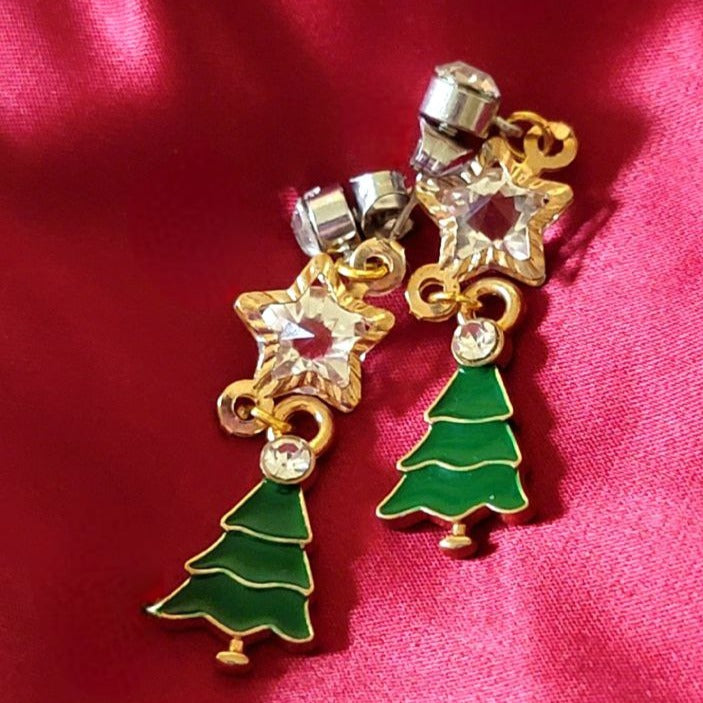 Pendientes navideños coronados de cristal, joyería festiva de árbol verde, accesorio de conjunto navideño hecho a mano, elegante colgante de fiesta