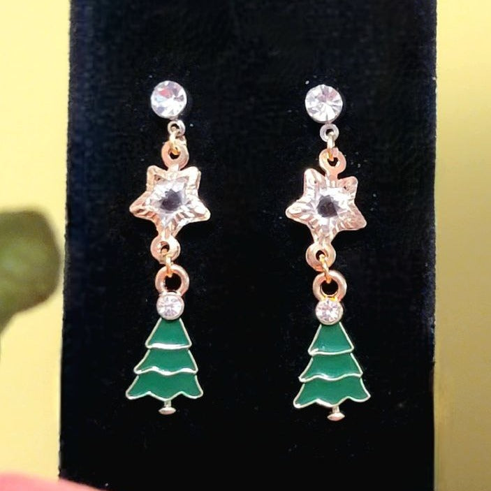 Crystal-Crowned Christmas Tree Earrings, Festive Holiday Dangles