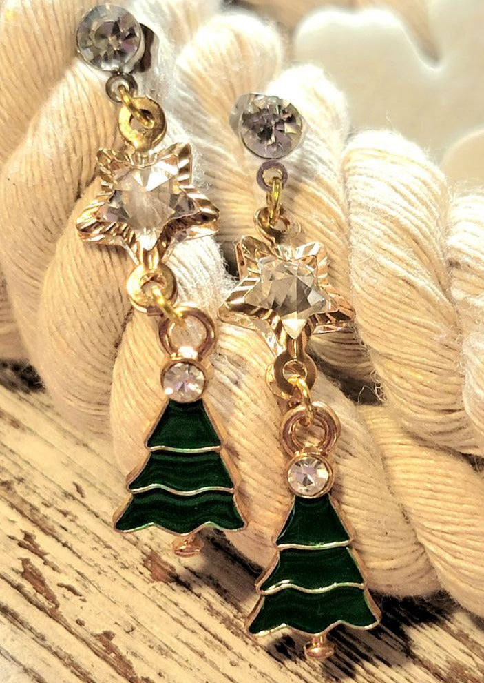 Boucles d’oreilles de Noël couronnées de cristal, bijoux festifs d’arbre vert, accessoire d’ensemble de vacances fabriqué à la main, pendentif de fête élégant