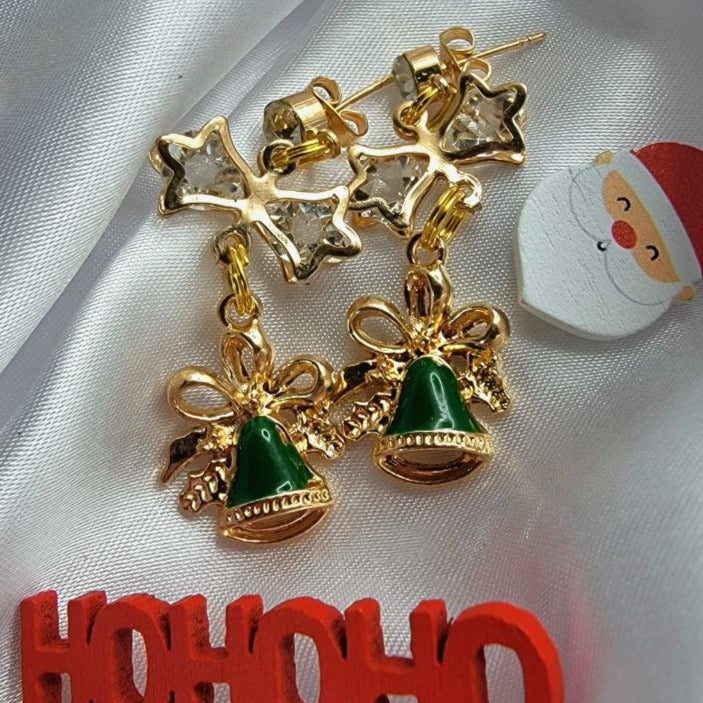 Green & Gold Festive Bell Earrings, Elegant Yuletide Dangle, Accessory for Holiday Parties